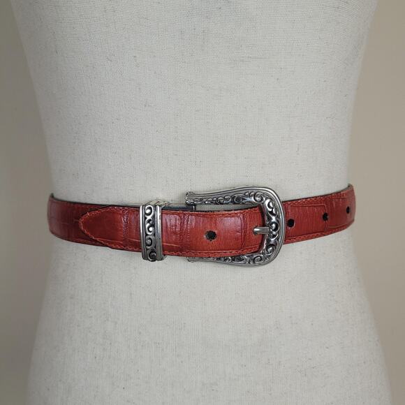Red Black Leather Belt Medium Reversible Western Scroll Buckle Croc Embossed main image 5